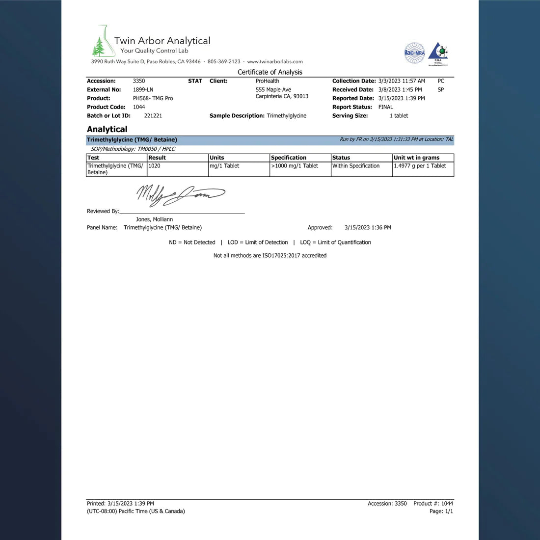 prohealth-TMG Pro (1000mg, 120 tablets)
