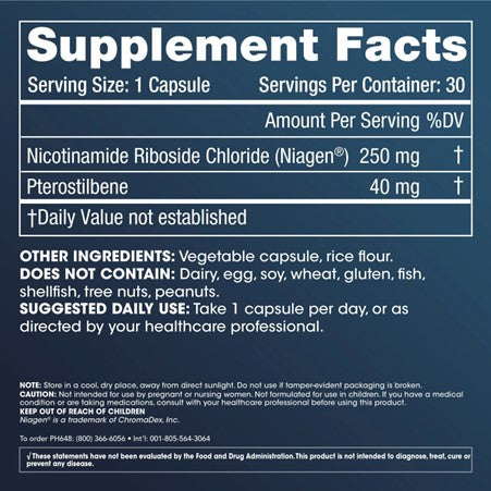 Nicotinamide Riboside + Pterostilbene - 250 mg of NR per serving, 30 capsules