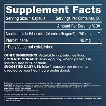 Nicotinamide Riboside + Pterostilbene - 250 mg of NR per serving, 30 capsules